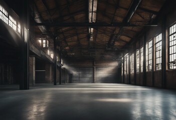 Industrial loft style empty old warehouse interior brick wall concrete floor and black steel roof - obrazy, fototapety, plakaty