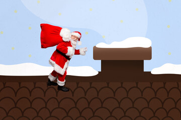 Creative collage picture of grandfather santa walk house roof chimney hold new year presents sack isolated night sky background
