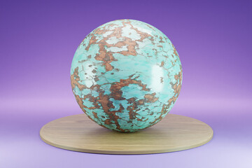 wooden podium with metal sphere ball on infinite background; pedestal for beauty, cosmetic product presentation. copy space template, 3D Illustration