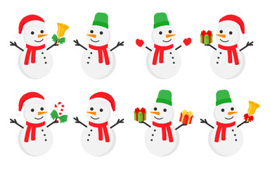 Snowman set. Color vector illustration in cartoon flat style. Isolated on white background.
