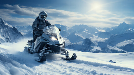 Snowmobile rushing towards alpine accident site background with empty space for text 