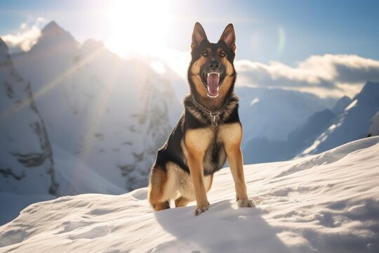 Majestic German Shepherd Overlooking the Snowy Peaks Generative AI