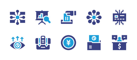 Business icon set. Duotone color. Vector illustration. Containing cheque, coin, statistics, online payment, briefcase, inquiry, diagram, visionary, folder.