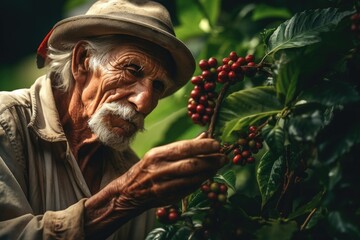 farmer harvests ripe coffee beans from organically grown Arabica and Lobusta coffee trees,Robusta and arabica coffee berries with agriculturist ,generative Ai - obrazy, fototapety, plakaty