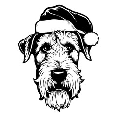 Cute Airedale Terrier Dog wearing Santa hat head, Christmas illustration, Generative AI.