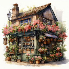 Fototapeta na wymiar Watercolor Flower Shop Clipart illustration Generative Ai