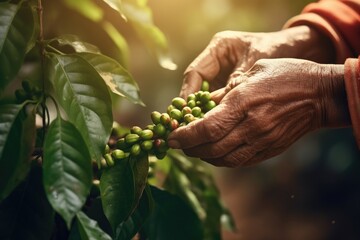 Naklejka na ściany i meble farmer harvests ripe coffee beans from organically grown Arabica and Lobusta coffee trees,Robusta and arabica coffee berries with agriculturist ,generative Ai