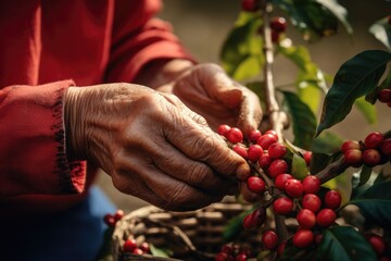 farmer harvests ripe coffee beans from organically grown Arabica and Lobusta coffee trees,Robusta and arabica coffee berries with agriculturist ,generative Ai - obrazy, fototapety, plakaty