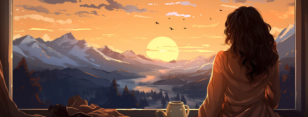 Wide horizontal illustration of a cute lady sitting near window and a coffee cup next to her in winter background with mountain landscape outside  