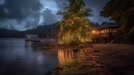 Fototapeta premium Tropical beach in the evening with christmas tree and lights. Generative AI.