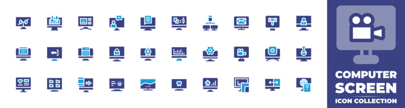 Computer screen icon collection. Duotone color. Vector and transparent illustration. Containing web design, login, share, online, gambling, padlock, stats, pet, dental, email, monitor, movie.