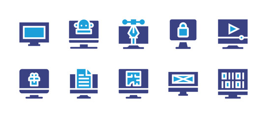Computer screen icon set. Duotone color. Vector illustration. Containing computer, file, tv, vector, video player, online shop, monitor, coding.