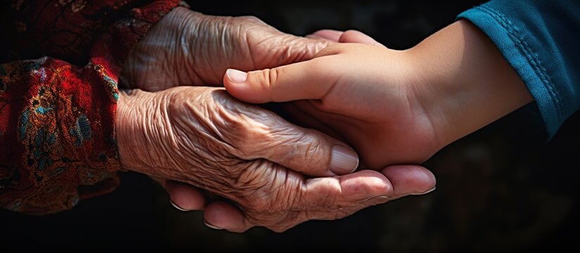 Close up hands of senior woman and little child on black background. AI generated image