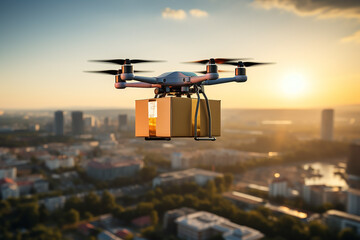 Drone graping carring a package box and delivery to customer, Parcel delivery via drone, Autonomous...