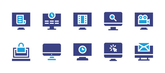 Computer screen icon set. Duotone color. Vector illustration. Containing clock, computer, computer screen, news, video player, video camera, lock, working hours, monitor.