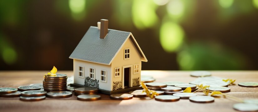 Tiny house sell property with money coins blur background. AI generated image