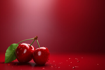Realistic cherry with red background - obrazy, fototapety, plakaty