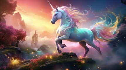 Obraz na płótnie Canvas Vibrant and powerful fantasy unicorn illustration, radiating a bright, colorful presence as a captivating and whimsical creature.