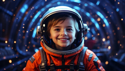 A boy sits in the cockpit of a spaceship.