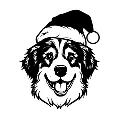 Cute Australian Shepherd Dog wearing Santa hat head, Christmas illustration, Generative AI.