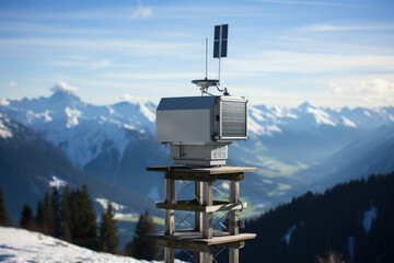 Weather station equipment in alpine region background with empty space for text  - obrazy, fototapety, plakaty