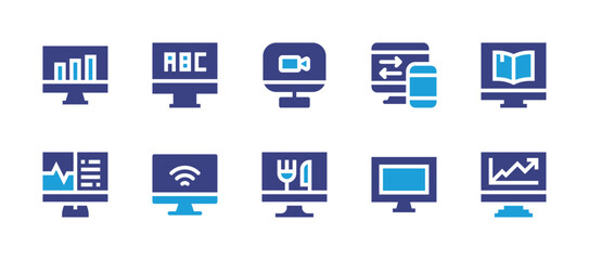 Computer screen icon set. Duotone color. Vector illustration. Containing computer, graphs, video call, ebook, electrocardiogram, online, election.