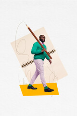 3d retro abstract creative collage of young man walk hold pencil notepad novel writing surrealism...
