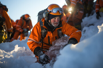 Fototapeta na wymiar Alpine rescuers perform stretchering practice in frosty challenging mountain terrain 