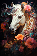 Fairy horse on floral background generated AI