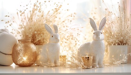 Two decorative bunny figurines seated on a tabletop with candles, twinkling fairy lights, vases filled with  grass. Elegant decoration in a dreamy and romantic style. Nordic, modern spring mood.
