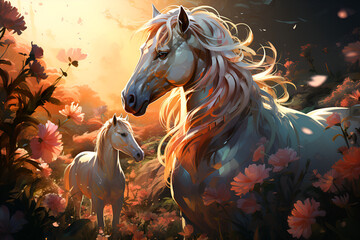 Obraz na płótnie Canvas Fairy horses in a magic forest generated AI
