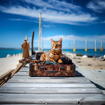  Travelling, bengal kitten sits in suitcase and sea bay on background. Summer tour with pet. Photo created with generative AI technologies