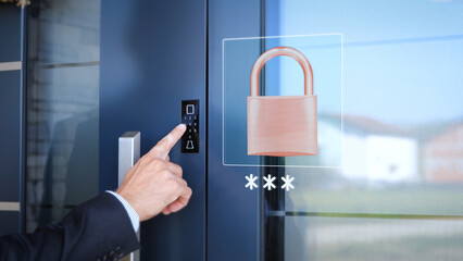 A man locking house door with auto locking smart lock. Home security concept