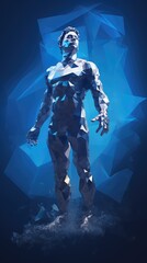 Naklejka premium Low poly man in a digitally transforming blue environment, surrounded by shards of exploding low poly shapes, creating a dynamic scene with a futuristic and digital aesthetic.