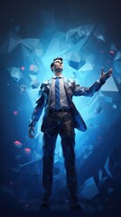 Fototapeta na wymiar Low poly man in a digitally transforming blue environment, surrounded by shards of exploding low poly shapes, creating a dynamic scene with a futuristic and digital aesthetic.