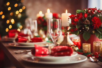 Naklejka na ściany i meble Festive dining table set for Christmas dinner. Holiday decorations, wine glasses and tableware. Generative AI