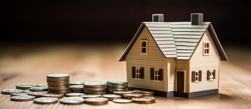 Tiny house for buy property sales promotion with money coins. AI generated image