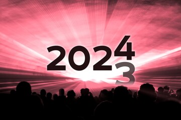 Turn of the year 2023 2024 red laser show party. Luxury entertainment with people crowd audience silhouettes at new year celebration. Premium nightlife event at holidays season time - 678259742