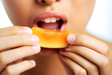Close-Up of Woman's Lips Savoring Mango Paradise Delight AI generated - obrazy, fototapety, plakaty