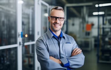 Obraz premium Portrait of a happy and confident young adult male heavy Industry worker engineer.