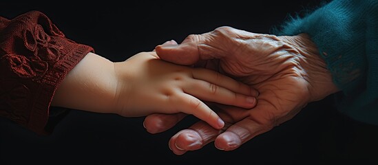 Close up hands of senior woman and little child on black background. AI generated image