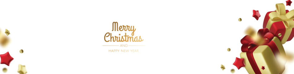 Christmas and New Year background. Xmas background with Christmas tree, gifts, balls, snowflakes. Greeting card, banner, poster