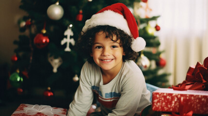 Cute little boy in Santa hat sitting at the Christmas tree with gifts.