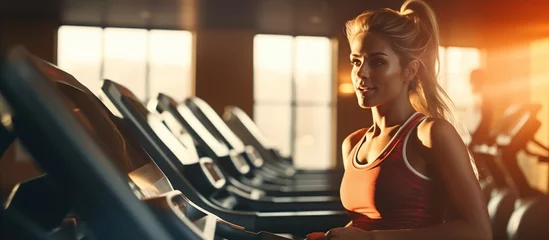 Fototapeten Sport strong athletic woman sprinter use treadmill in fitness center © orendesain99