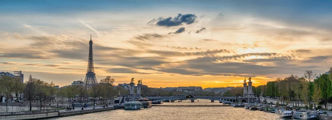 Papier Peint photo autocollant Pont Alexandre III Paris France, panorama sunset city skyline at Seine River with Pont Alexandre III bridge and Eiffel Tower