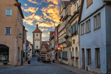 Fototapeta na wymiar Rothenburg ob der Tauber Germany, sunrise city skyline at Plonlein the Town on Romantic Road of Germany