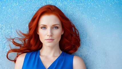 Woman with red hair on blue background - obrazy, fototapety, plakaty