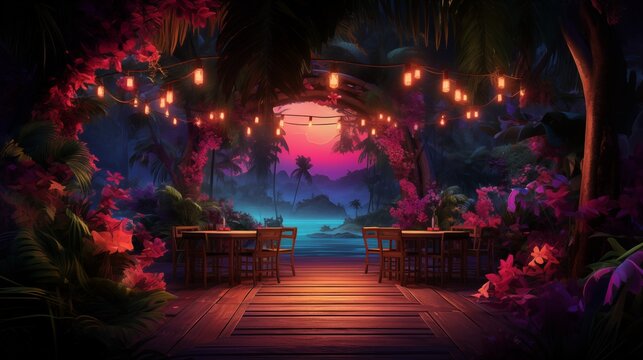 A bar in the tropical jungle. Fantasy concept , Illustration painting.
