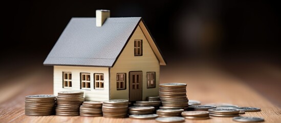 Tiny house buy and sale property with money coins. AI generated image