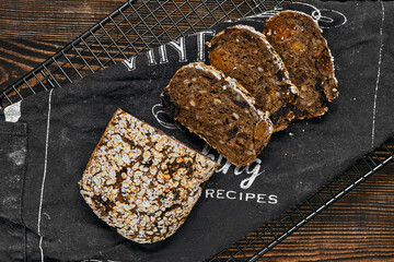 Overhead view of artisan rye bread with dried apricots, prunes and seeds